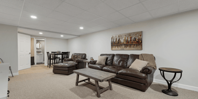 Spacious, versatile basement offers a comfortable living area, perfect for relaxation and entertainment.
