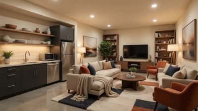 Photo included for basement design inspiration.