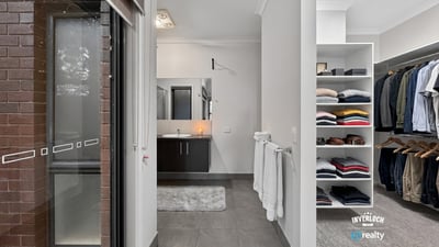 Modern bathroom with a spacious walk-in closet, featuring ample storage for an organized lifestyle.