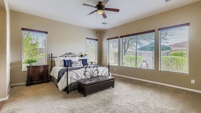 Oversized primary suite with multiple windows offers natural light and peaceful backyard views in this spacious Peoria home.