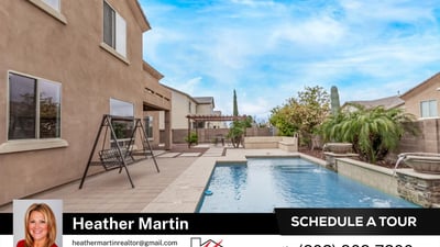 This Glendale home features a private backyard retreat with a sparkling pool, stone water features, and expansive patio space. Designed for entertaining, the outdoor living area offers low-maintenance landscaping and year-round enjoyment.