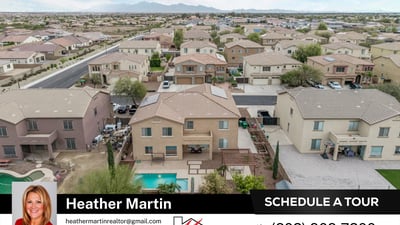 This overhead shot highlights the rectangular pool, pergola seating, and covered patio area. Designed for entertaining, the Glendale backyard offers privacy and low-maintenance landscaping.
