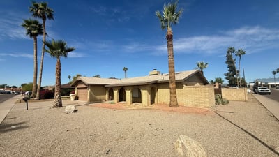 Front yard view showing wide desert landscaping and tall palm trees surrounding this Glendale home. The low-maintenance yard design complements the classic Southwestern architecture.