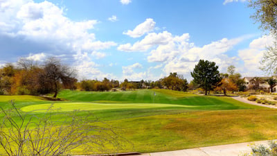 Wide golf course view featuring vibrant greens, mature trees, and desert surroundings. This Phoenix community provides a scenic setting with recreational amenities and a peaceful outdoor environment.