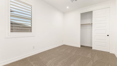 Well-appointed bedroom with closet storage, neutral palette, and plush carpeting, ideal for guests or everyday use.