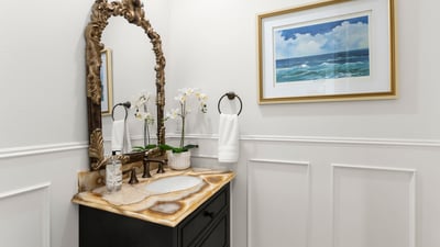 Downstairs Guest Bath-This inviting bathroom features a unique stone vanity , custom wainscoting and coastal-themed artwork, enhancing its modern appeal.
