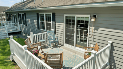 Sunny outdoor space featuring a spacious deck, perfect for relaxing and entertaining in comfort.