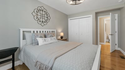 This cozy bedroom features modern decor, ample storage, and easy access to an en-suite bathroom.
