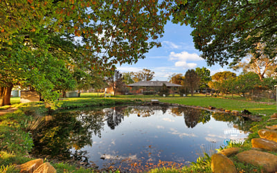 Expansive outdoor space featuring a tranquil pond, surrounded by lush greenery and scenic views.