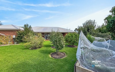 This property features a spacious backyard with flourishing fruit trees and a versatile garden area.
