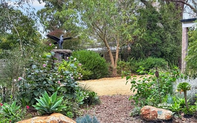 Lush garden space featuring native plants, rock formations, and a unique sculpture, perfect for outdoor relaxation.