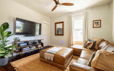 Bright living room featuring a large TV, modern furniture, and natural light enhancing the inviting atmosphere.