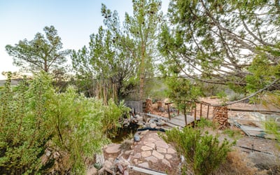 A charming footbridge crosses a small pond framed by natural stone and desert foliage. A picturesque highlight of this Hackberry acreage.