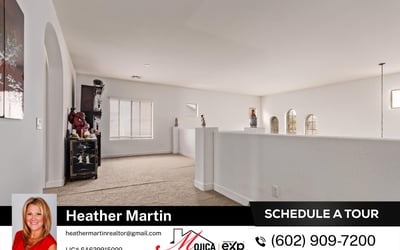 The open loft provides additional living space ideal for work, entertainment, or play. Overlooking the main floor, it enhances the spacious design of this Glendale home with private backyard pool.