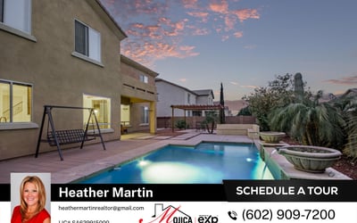 The expansive yard features a private pool, covered patio, pergola, and low-maintenance design. Perfect for Arizona living, this Glendale home blends functionality with luxury.