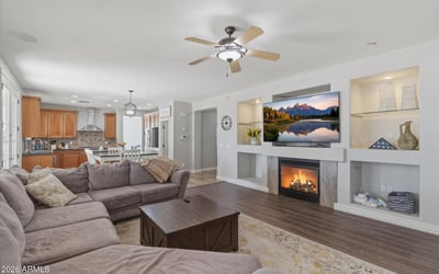 Stylish living area featuring a fireplace with decorative niches, ceiling fans, and durable wood-style flooring throughout the main living space.