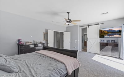 Elegant primary bedroom with barn-style sliding door access to the bathroom, spacious layout, and soft carpeting for a comfortable and stylish retreat.
