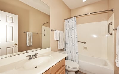 Hall bathroom featuring a tub-shower combo, vanity storage, and neutral finishes. This Phoenix home offers practical design and clean presentation.