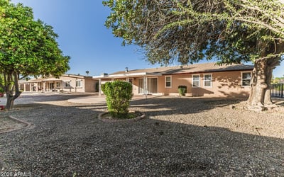 Backyard featuring mature trees offering shade and privacy. This Sun City home includes spacious outdoor areas perfect for relaxation.