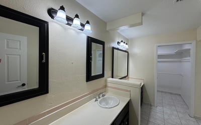 Functional primary bathroom featuring dual sinks, updated lighting, ample storage, and convenient access to a spacious walk-in closet. The thoughtful layout supports both comfort and everyday efficiency.