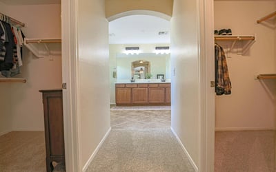 Convenient dressing area connecting dual walk-in closets with the spacious primary bathroom, providing exceptional organization and functionality for the owner's suite in this Waddell home.