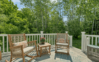 Enjoy peaceful outdoor gatherings on this spacious deck surrounded by lush greenery and a tranquil atmosphere.