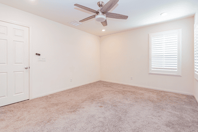 Spacious and light-filled room with carpeted flooring and practical ceiling fan, ready for personalization.
