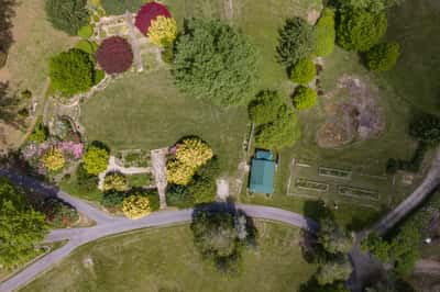 Expansive property with diverse landscaping, mature trees, and potential for gardening or outdoor activities.