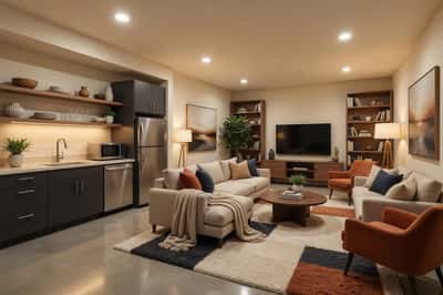 Photo included for basement design inspiration.