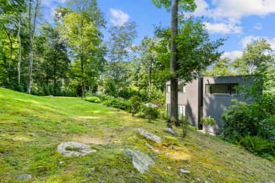 Nestled in nature, this contemporary home features spacious grounds and abundant greenery for outdoor enthusiasts.