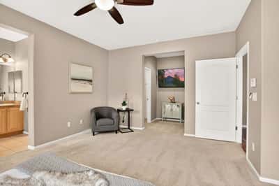 Spacious bedroom featuring soft carpeting, modern ceiling fan, and convenient access to a thoughtfully designed ensuite.