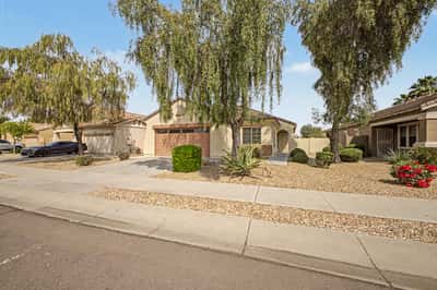 Beautiful front streetscape featuring established shade trees, desert landscaping, and a well-maintained exterior that complements this inviting Palm Valley home.