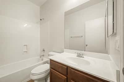 Bright secondary bathroom with a spacious vanity, oversized mirror, tub and shower combination, and neutral finishes designed for everyday functionality.