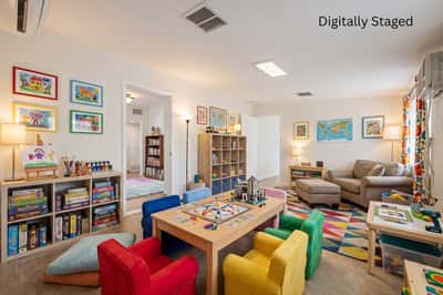 Digitally staged concept showcases the spacious room as a family gathering space with children's activities, games, and comfortable seating. The rendering highlights the room's flexibility and generous size.