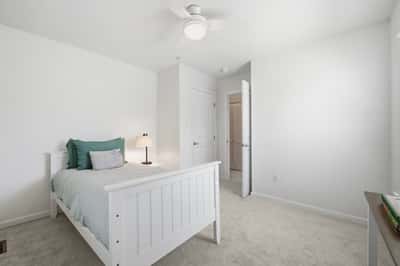 Cozy bedroom featuring a light color palette, modern ceiling fan, and ample natural light throughout.