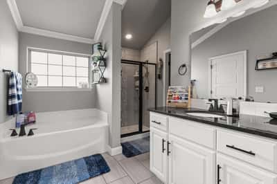 Spacious bathroom featuring a dual vanity, walk-in shower, and generous soaking tub for relaxation.