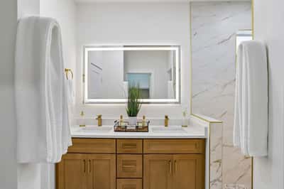 Modern bathroom featuring clean lines, sleek fixtures, and a spacious design