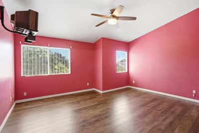 Bright and lively bedroom featuring ample natural light, wood flooring, and a ceiling fan for comfort.