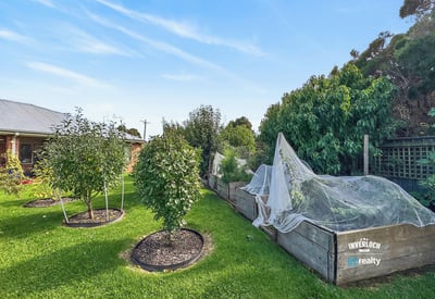 This property features a spacious garden with productive vegetable beds and diverse fruit trees.