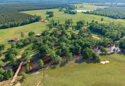 Expansive countryside property featuring lush greenery, flowing water, and ample space for outdoor activities and development.