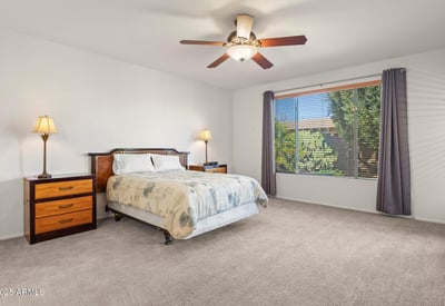 Spacious primary bedroom with neutral d cor and scenic backyard views. Soft carpeting and ceiling fan comfort make this an ideal retreat.