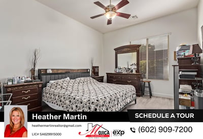 This spacious owner s suite showcases updated flooring, ceiling fan, and abundant natural light. Designed for relaxation, it enhances the comfort and value of this Glendale home with pool and 3-car garage.