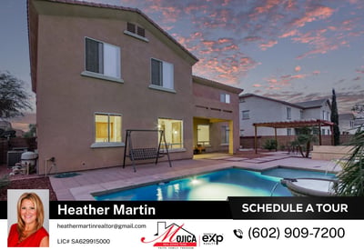 Evening lighting showcases the inviting covered patio and shimmering pool. Designed for entertaining, this Glendale home offers seamless indoor-outdoor flow and energy-efficient comfort.
