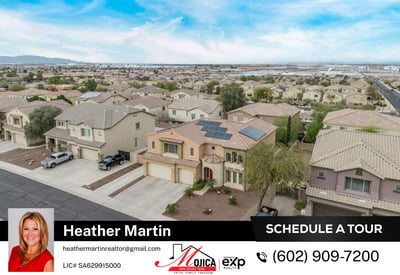 Aerial neighborhood view shows well-kept homes and desert landscaping throughout Glendale. The property stands out with solar panels and a private backyard pool.