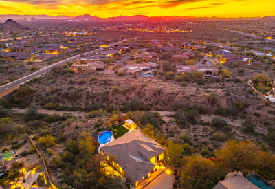 Aerial perspective showcasing expansive lot size, privacy, and breathtaking Scottsdale mountain views in a sought-after desert setting.