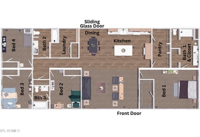 Well-designed floor plan featuring separate bedroom wings, three full bathrooms, a large kitchen, dedicated dining area, walkthrough pantry, and spacious living room. Built to support comfortable everyday living and entertaining.