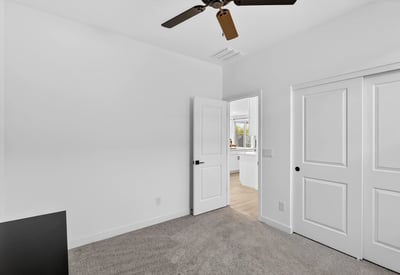 This spacious bedroom offers neutral finishes, soft carpeting, generous closet storage, and flexible living space perfect for family, guests, or a home office.