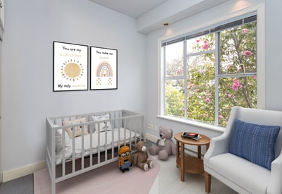 Bright and inviting nursery featuring cheerful artwork, cozy furnishings, and vibrant views through large windows.