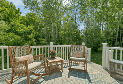 Enjoy peaceful outdoor gatherings on this spacious deck surrounded by lush greenery and a tranquil atmosphere.