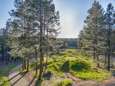 Elevated aerial view of the 13th hole surrounded by rolling greens, mature pine forest, and scenic mountain terrain. This stunning golf course location highlights the natural beauty and luxury lifestyle of Forest Highlands.